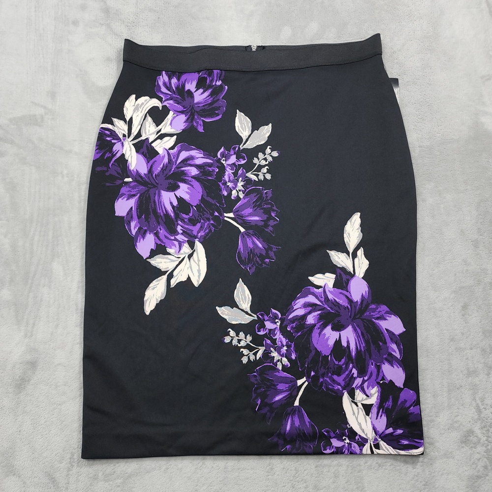 NEW Alfani Skirt Womens XL Black Purple Floral Ponte Knit Pencil Stretch Zip